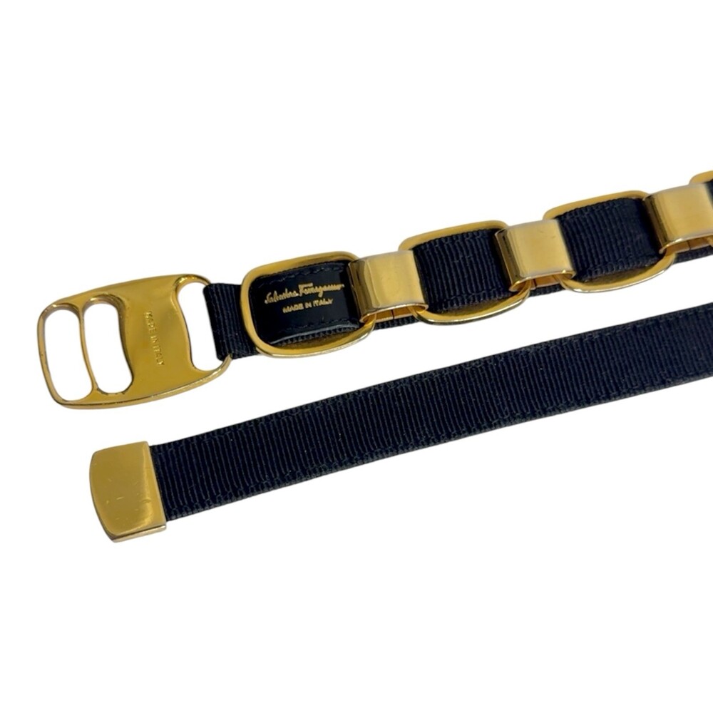 Vintage Salvatore Ferragamo Skinny Chain Link Belt Grosgrain Black Gold Italy - Picture 2 of 11